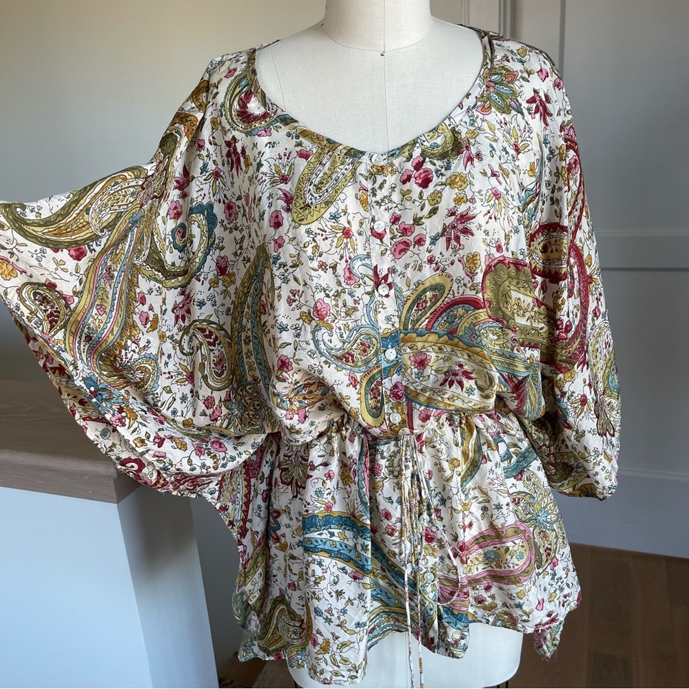 LUCKY BRAND paisley silk button down top, drawstring waist, bat wing sleeves, M